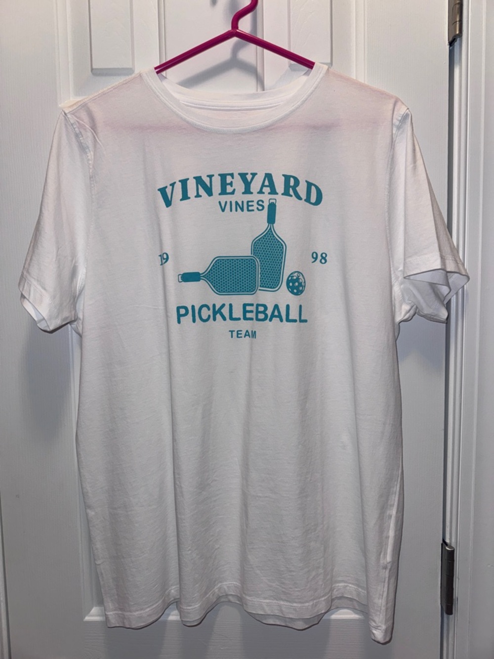 Vineyard Vines White Tee with Teal Pickleball Graphic